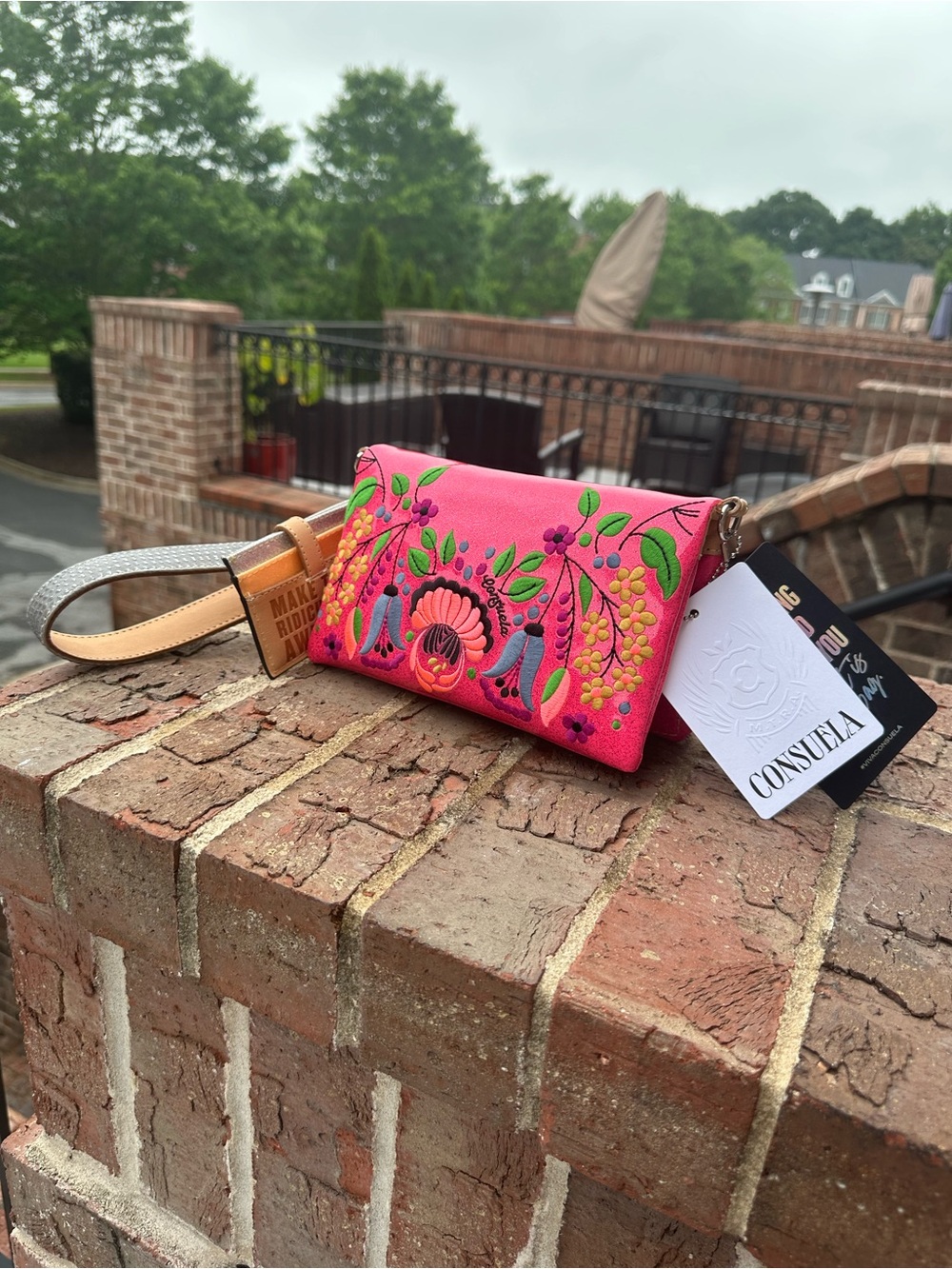 Consuela Uptown, Hot Pink Embroidered Wristlet with Floral Motif NWT